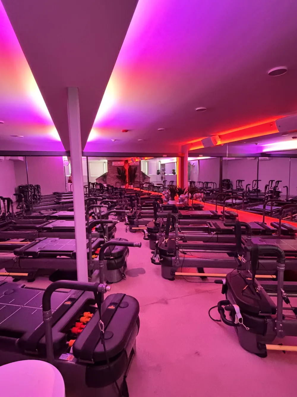 Wide view of the studio floor with machines arranged in rows before class