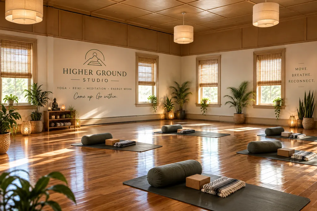Sunlit studio room with mats, bolsters and plants below the Higher Ground Studio wall lettering